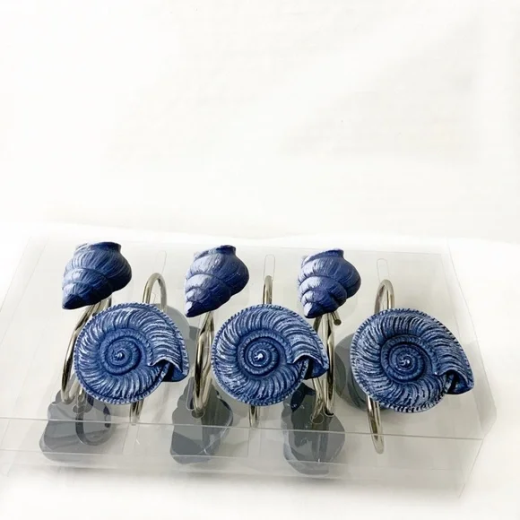 Coastal Ocean Seashell Shower Hooks Blue White Beachy Decor Set of 12 - Picture 7 of 11